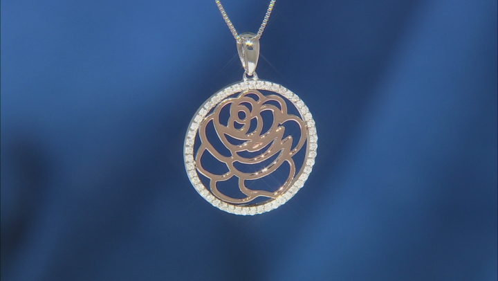 Enchanted Disney Belle Rose Pendant White Diamond Rhodium & 14k Rose Gold Over Silver 0.20ctw