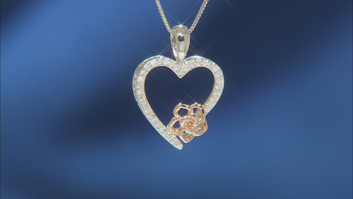 Enchanted Disney Belle Heart & Rose Pendant With Chain White Diamond Rhodium Over Silver 0.17ctw