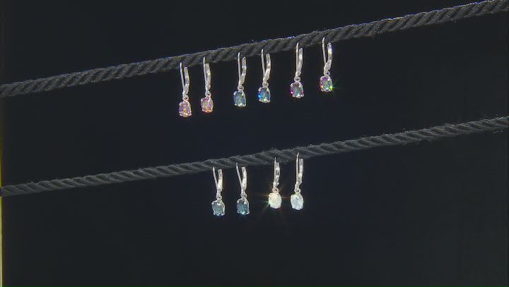 Multi Color Assorted Mystic Topaz® 5 Pairs Rhodium Over Silver Dangle Earrings Set 7.43ctw Video Thumbnail