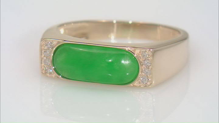 Green Jadeite And White Diamond 10K Yellow Gold Ring 0.04ctw Video Thumbnail