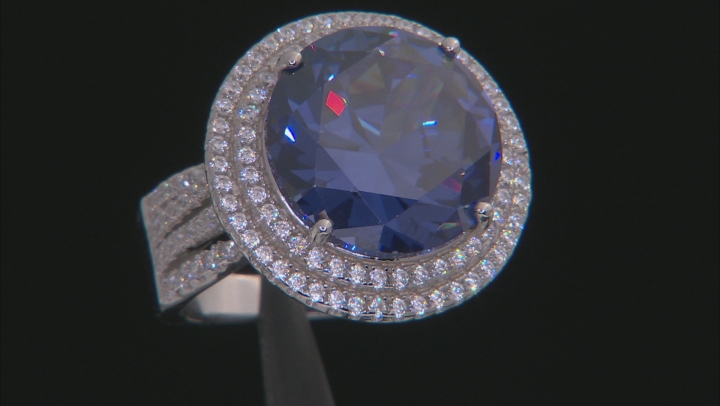 Blue And White Cubic Zirconia Rhodium Over Sterling Silver Ring 23.37ctw Video Thumbnail
