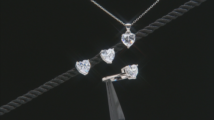 White Cubic Zirconia Rhodium Over Sterling Heart Earrings, Ring, And Pendant With Chain 10.44ctw Video Thumbnail