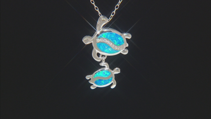 Lab Created Opal And White Cubic Zirconia Rhodium Over Sterling Turtle Pendant With Chain 0.12ctw Video Thumbnail