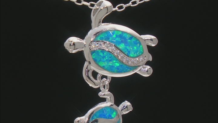 Lab Created Opal And White Cubic Zirconia Rhodium Over Sterling Turtle Pendant With Chain 0.12ctw Video Thumbnail