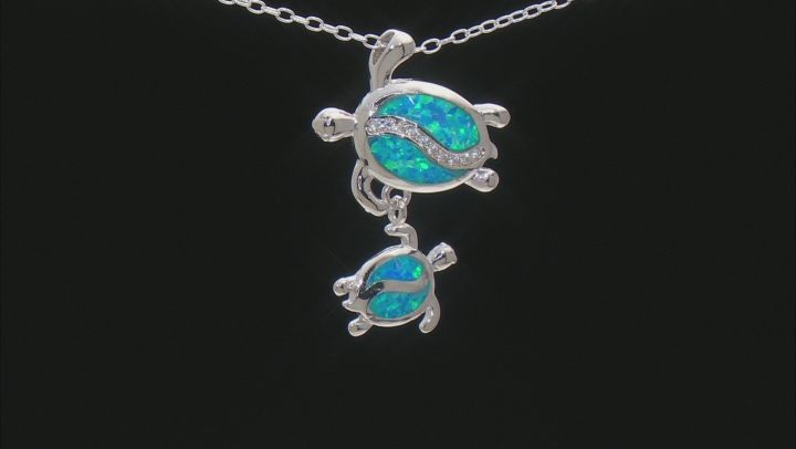 Lab Created Opal And White Cubic Zirconia Rhodium Over Sterling Turtle Pendant With Chain 0.12ctw Video Thumbnail