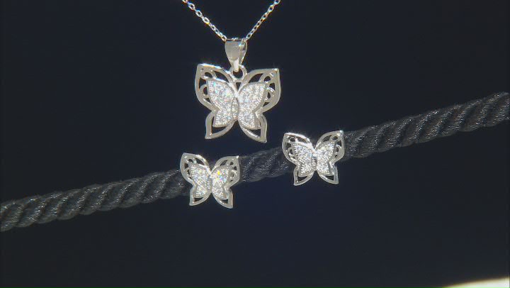 White Cubic Zirconia Rhodium Over Sterling Silver Butterfly Earrings And Pendant With Chain Video Thumbnail