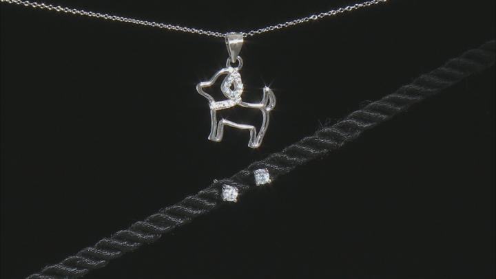 White Cubic Zirconia Rhodium Over Sterling Silver Stud Earrings And Dog Pendant With Chain 0.50ctw Video Thumbnail