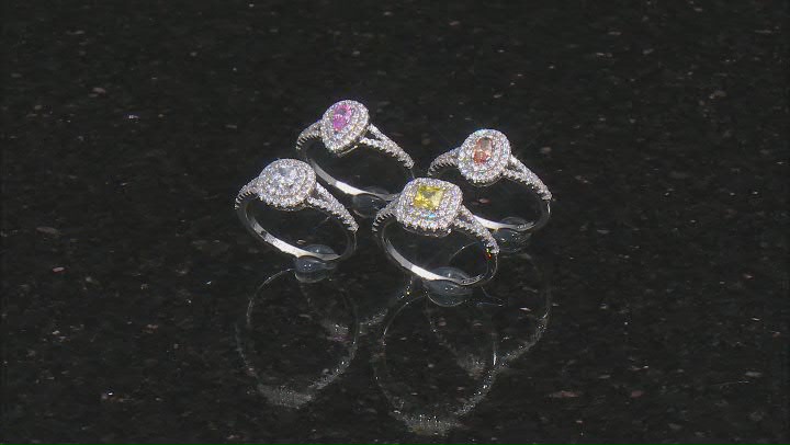 Multicolor Cubic Zirconia Rhodium Over Sterling Silver Rings Set of 4 3.90ctw Video Thumbnail