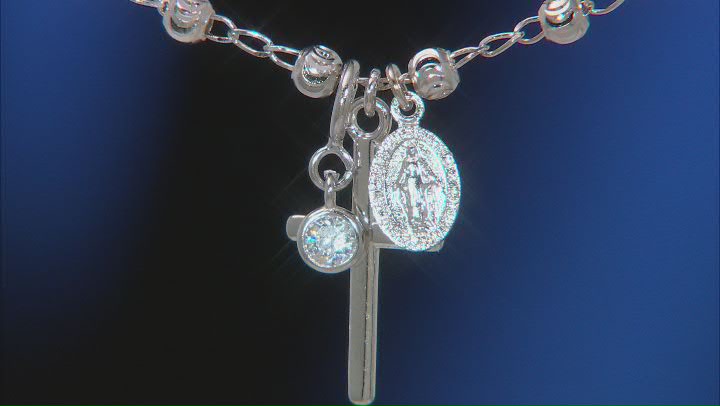 White Cubic Zirconia Rhodium Over Sterling Silver Cross & Virgin Mary Pendant With Chain 0.18ctw Video Thumbnail