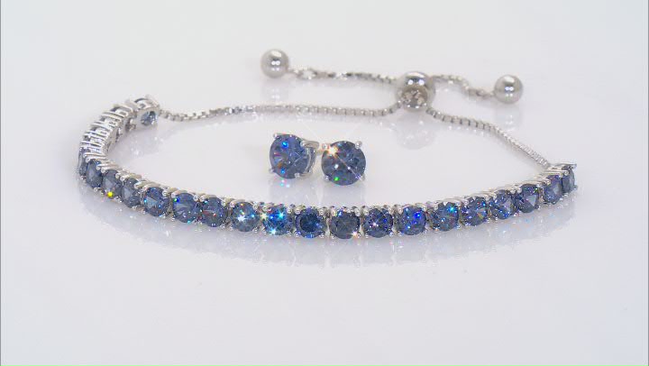 Blue Cubic Zirconia Rhodium Over Sterling Silver Bracelet And Earrings Set 12.30ctw Video Thumbnail
