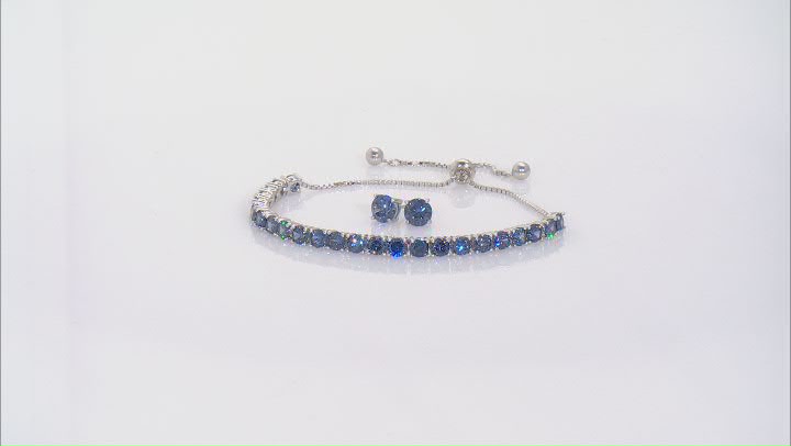 Blue Cubic Zirconia Rhodium Over Sterling Silver Bracelet And Earrings Set 12.30ctw Video Thumbnail