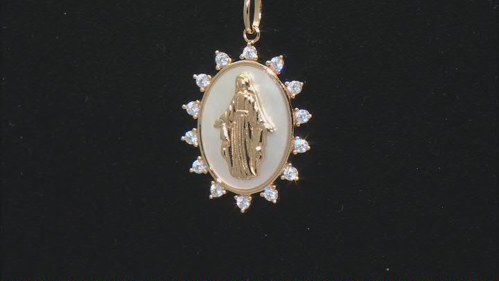 White Cubic Zirconia And Mother Of Pearl 14k Yellow Gold Over Silver Virgin Mary Pendant 0.28ctw Video Thumbnail