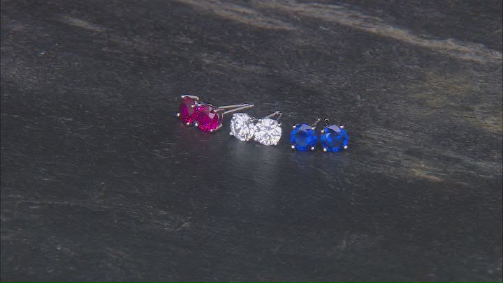 Cubic Zirconia, Lab Created Ruby, And Lab Created Blue Spinel Rhodium Over Silver Stud Set 3.94ctw Video Thumbnail