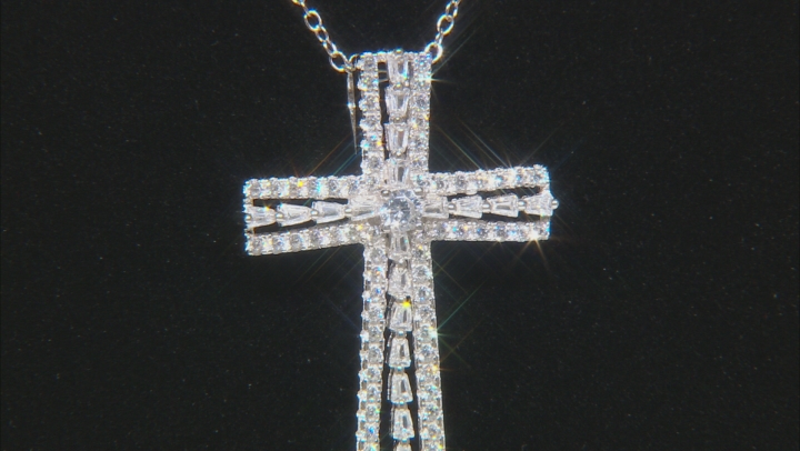 White Cubic Zirconia Rhodium Over Sterling Silver Cross Pendant With Chain 1.11ctw Video Thumbnail