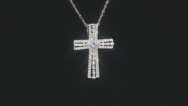 White Cubic Zirconia Rhodium Over Sterling Silver Cross Pendant With Chain 1.11ctw Video Thumbnail