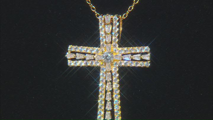 White Cubic Zirconia 14K Yellow Gold Over Sterling Silver Cross Pendant With Chain 1.11ctw Video Thumbnail