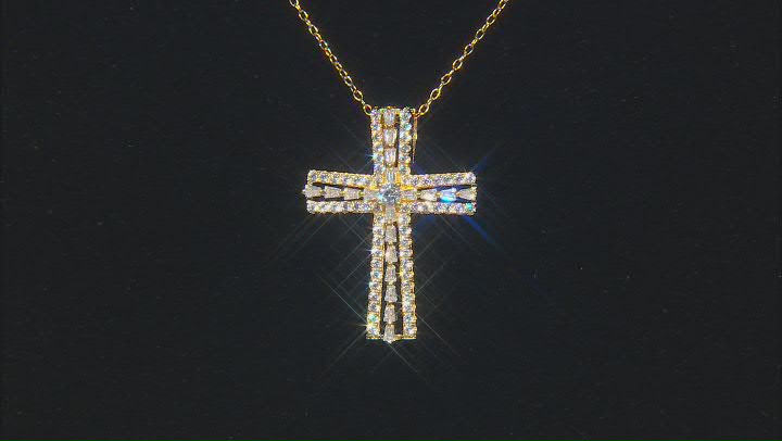 White Cubic Zirconia 14K Yellow Gold Over Sterling Silver Cross Pendant With Chain 1.11ctw Video Thumbnail