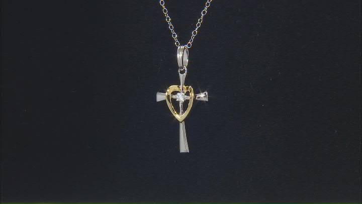 White Cubic Zirconia Rhodium And 18k Yellow Gold Over Sterling Silver Cross Pendant With Chain Video Thumbnail