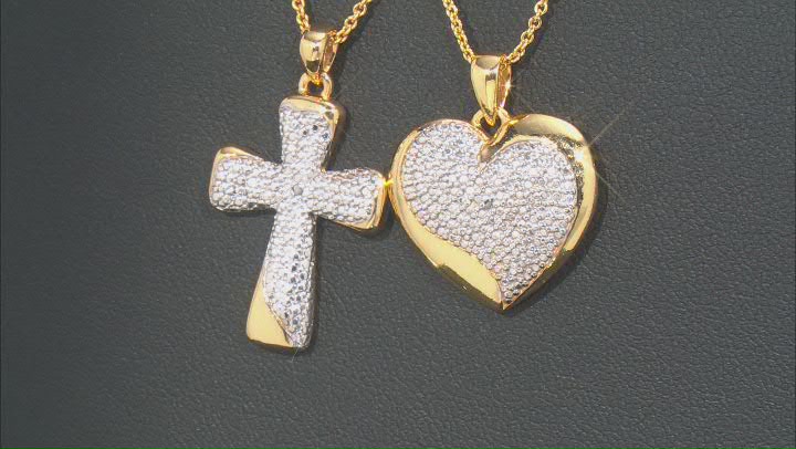Diamond Accent 18k Yellow Gold Over Brass Heart And Cross Pendants Set of 2 With Singapore Chains Video Thumbnail