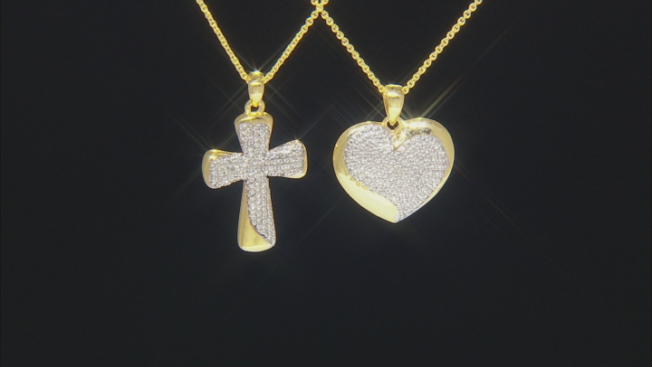 Diamond Accent 18k Yellow Gold Over Brass Heart And Cross Pendants Set of 2 With Singapore Chains Video Thumbnail