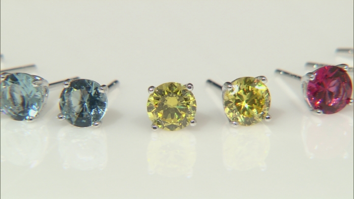 Multi Color Cubic Zirconia And Simulants Rhodium Over Silver Stud Earring Set Of 12, 15.00ctw Video Thumbnail