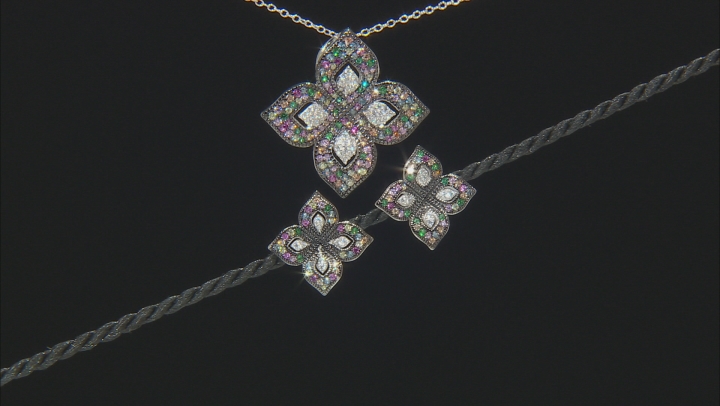 Multicolor Cubic Zirconia Rhodium Over Silver Flower Earrings & Pendant With Chain Set 2.44ctw Video Thumbnail