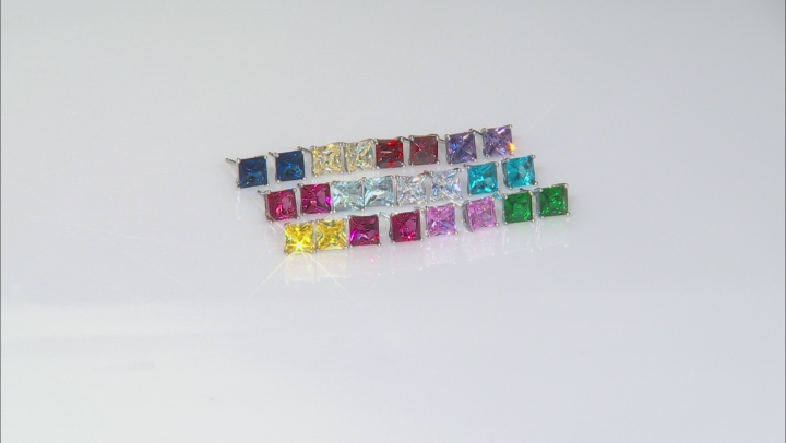 Multi Color Cubic Zirconia And Simulants Rhodium Over Silver Stud Earring Set Of 12, 19.40ctw Video Thumbnail