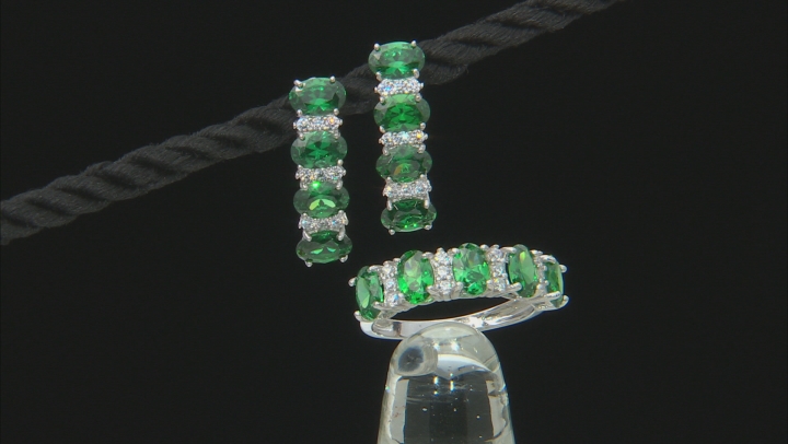 Green And White Cubic Zirconia Rhodium Over Sterling Silver Earrings And Ring Set 7.75ctw Video Thumbnail
