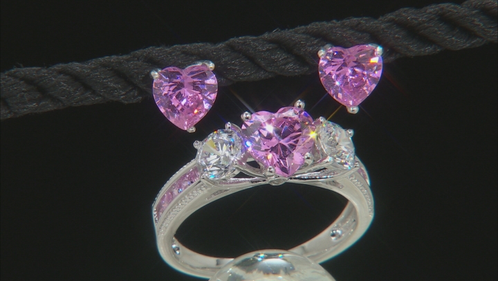 Pink And White Cubic Zirconia Rhodium Over Sterling Silver Heart Ring And Earrings 6.62ctw Video Thumbnail