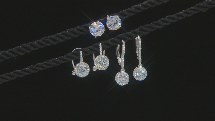 White Cubic Zirconia Rhodium Over Sterling Silver Earrings Set of 3 12.35ctw Video Thumbnail