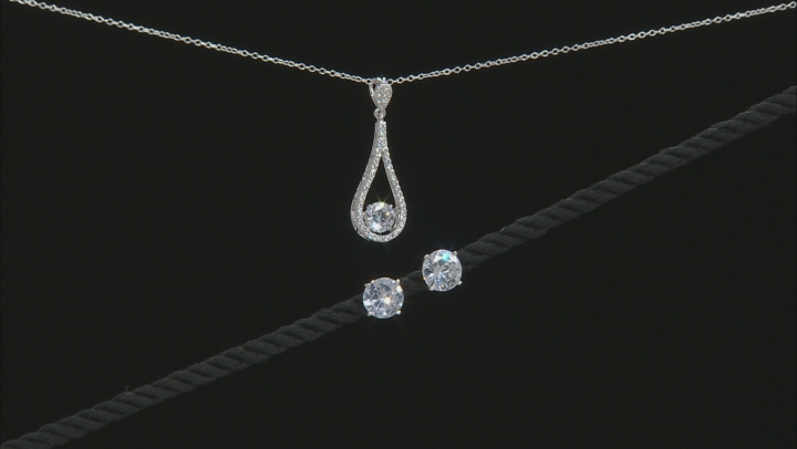 White Cubic Zirconia Rhodium Over Sterling Silver Pendant With Chain and Earrings 7.58ctw Video Thumbnail