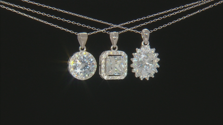 White Cubic Zirconia Rhodium Over Silver Set Of 3 Center Design Pendants With Chain Video Thumbnail