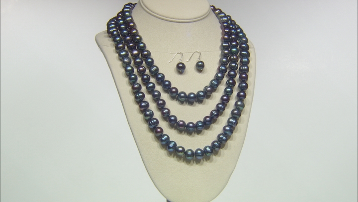 10-12mm Black Cultured Freshwater Pearl Sterling Silver 18, 24, 36 Inch Necklace & Earring Set Video Thumbnail