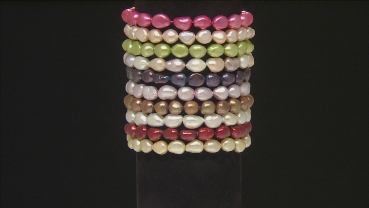 Multi-Color Cultured Freshwater Pearl Stretch Bracelet Set Of 10 Video Thumbnail