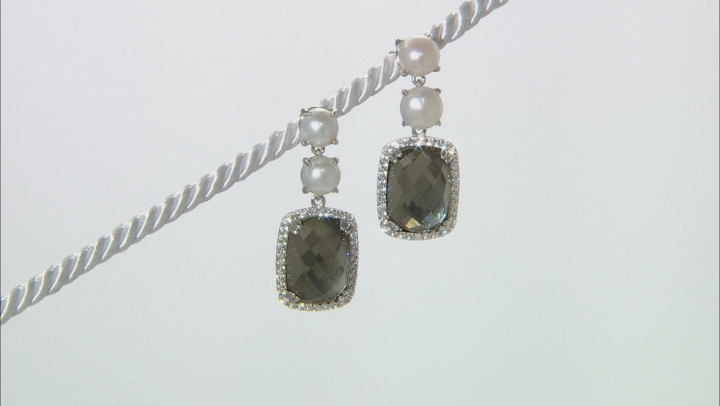 6.5-7mm White Cultured Freshwater Pearl With Topaz & Pyrite Doublet Rhodium over Silver Earrings Video Thumbnail