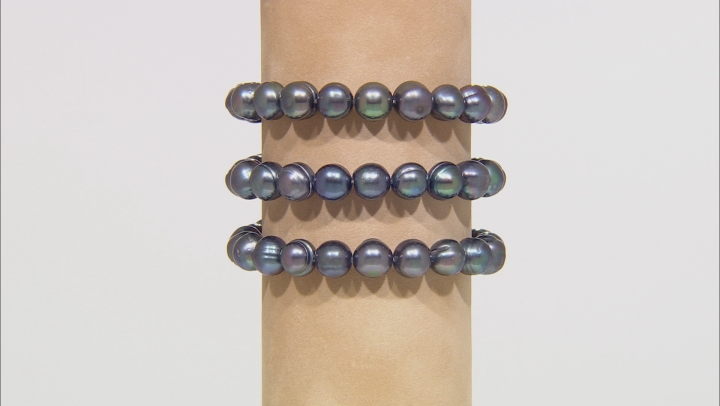 Black Cultured Freshwater Pearl 10-11 Stretch Bracelet Set of 3 Video Thumbnail