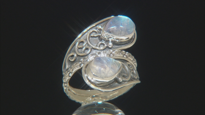 Rainbow Moonstone Sterling Silver Bypass Ring 9x6mm Video Thumbnail