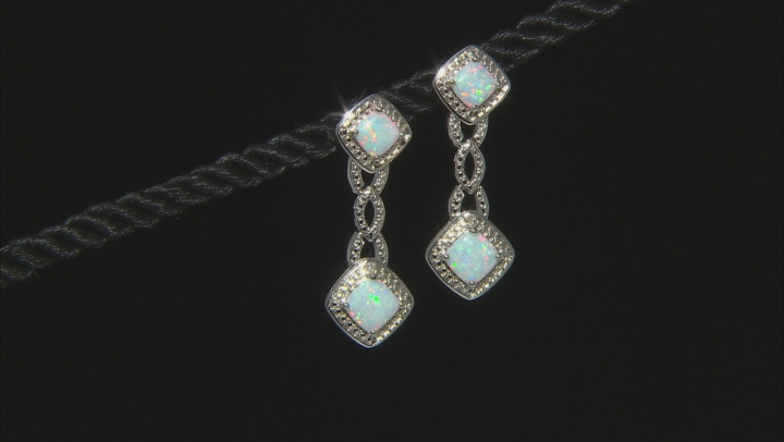 White Square Cushion Lab Opal Rhodium Over Brass Jewelry Set 6.61ctw Video Thumbnail
