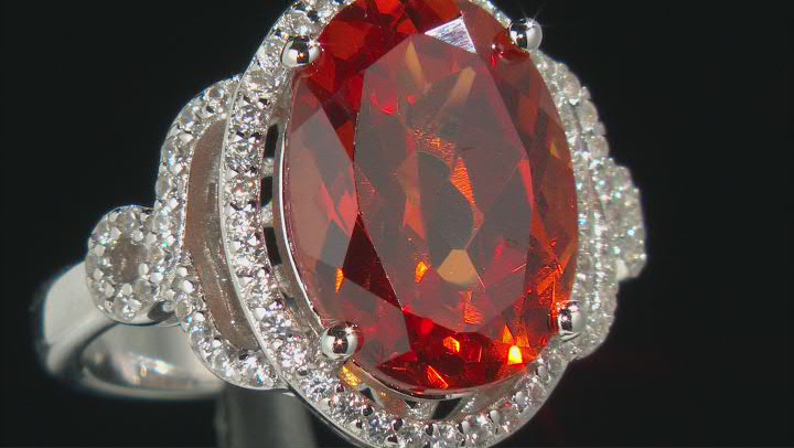 Orange Lab Created Padparadscha Sapphire Rhodium Over Silver Ring 7.85ctw Video Thumbnail