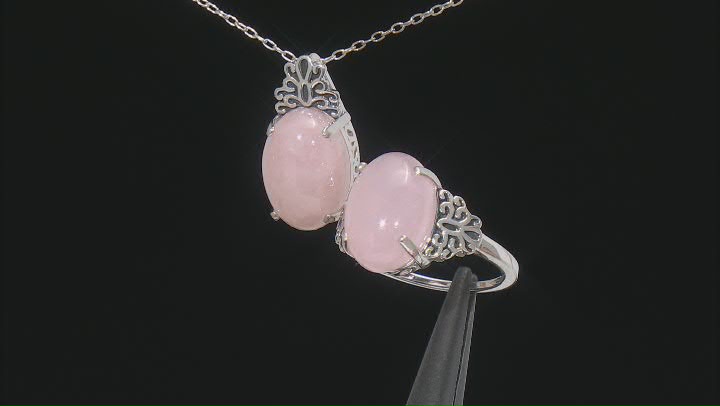 Rose Quartz Solitaires Rhodium Over Silver Ring and Pendant With Chain Jewelry Set Video Thumbnail