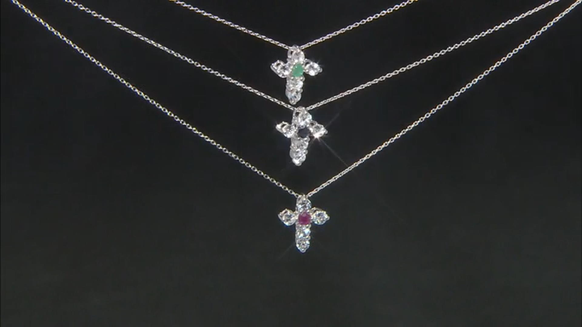 Blue Sapphire, Ruby & Emerald Rhodium Over Silver Cross Pendant With Chain Set of 3   0.75ctw Video Thumbnail