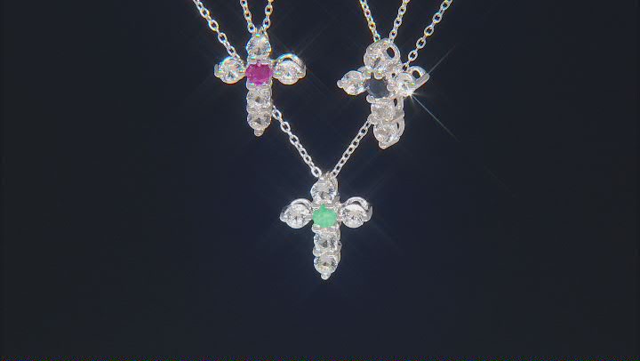 Blue Sapphire, Ruby & Emerald Rhodium Over Silver Cross Pendant With Chain Set of 3   0.75ctw Video Thumbnail