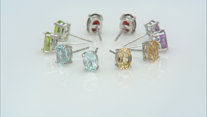 Multi-Gemstone Rhodium Over Silver Set of 5 Stud Earrings 9.00ctw Video Thumbnail