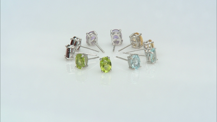 Multi-Gemstone Rhodium Over Silver Set of 5 Stud Earrings 9.00ctw Video Thumbnail