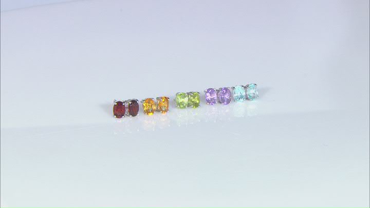 Multi-Gemstone Rhodium Over Silver Set of 5 Stud Earrings 9.00ctw Video Thumbnail