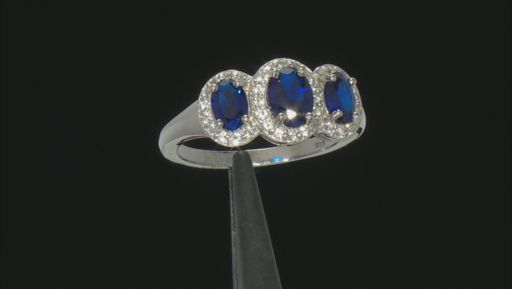 Blue Lab Created Spinel Rhodium Over Sterling Silver 3-Stone Ring 2.01ctw Video Thumbnail
