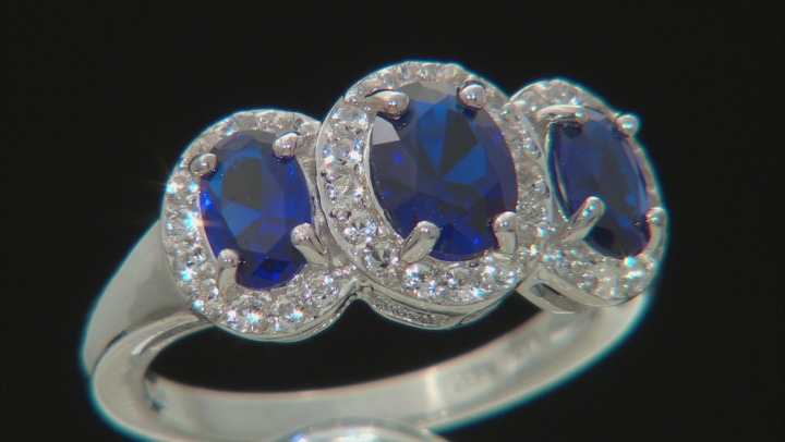 Blue Lab Created Spinel Rhodium Over Sterling Silver 3-Stone Ring 2.01ctw Video Thumbnail