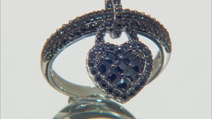 Black Spinel Rhodium Over Sterling Silver Heart Charm Ring 1.51ctw Video Thumbnail