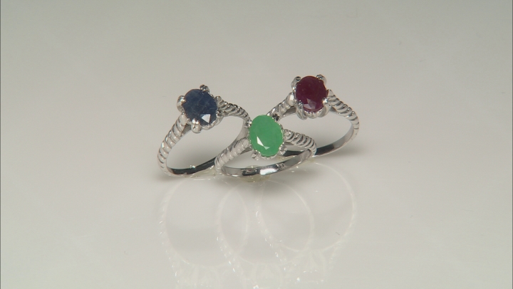 Green Emerald Rhodium Over Sterling Silver Solitaire Set of 3 Rings 4.50ctw Video Thumbnail