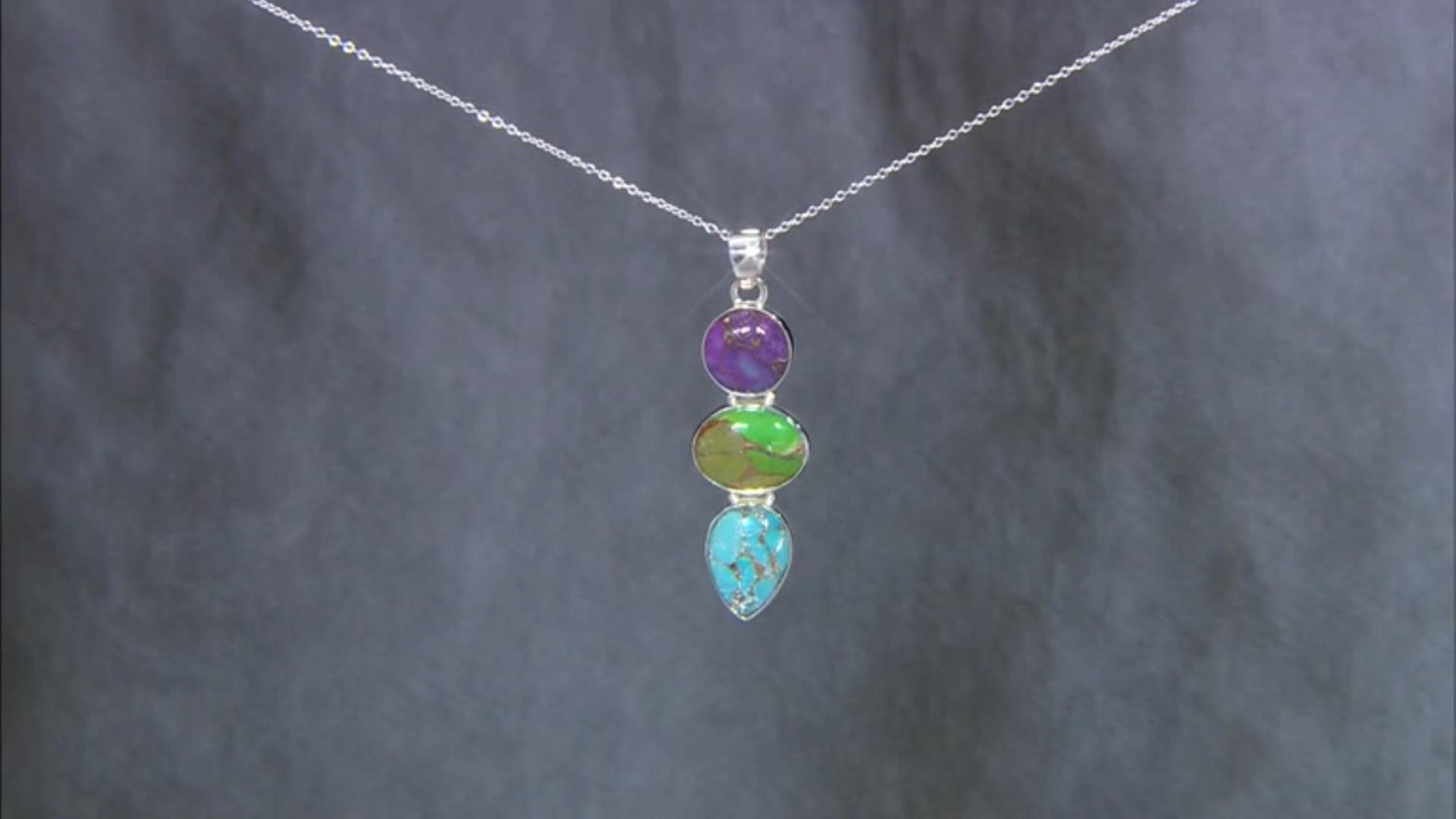 Blue, Green And Purple Turquoise Sterling Silver 3-Stone Pendant With Chain Video Thumbnail